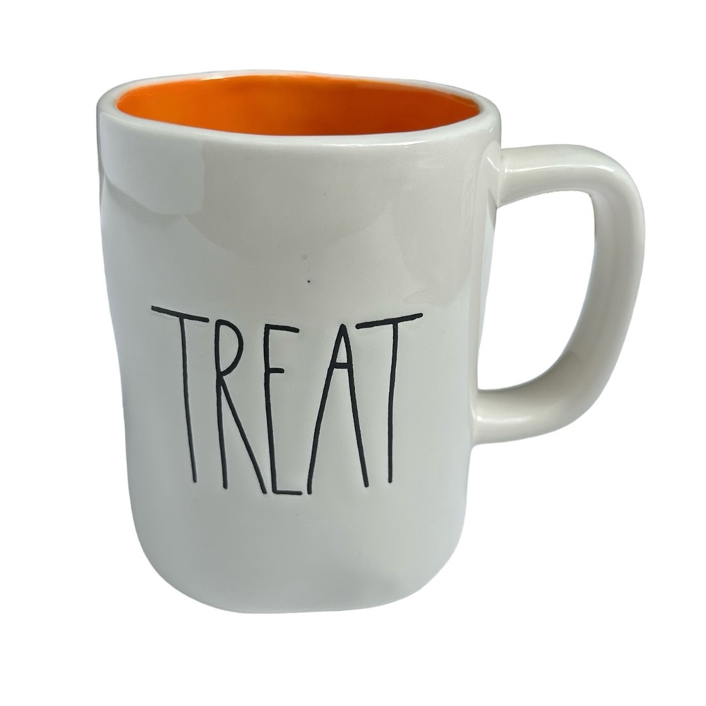 Rae Dunn Halloween Mug TRICK TREAT Double Side White Orange Interior New 2017 OG - Picture 7 of 16